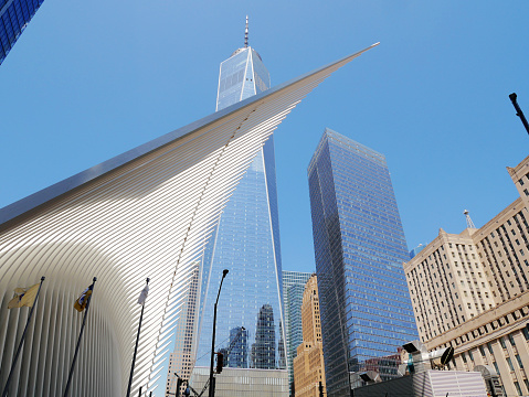 New York, USA - May 5, 2018: World Trade Center Station in New York City is famous for its' unique architecture and design. It is located in the financial district of Manhattan and serves as underground pathway, shopping mall and PATH and NY subway station.
