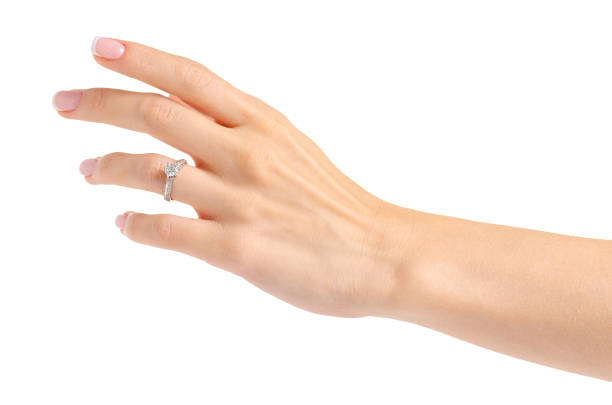 istock Female hand with a silver gold ring 991825096