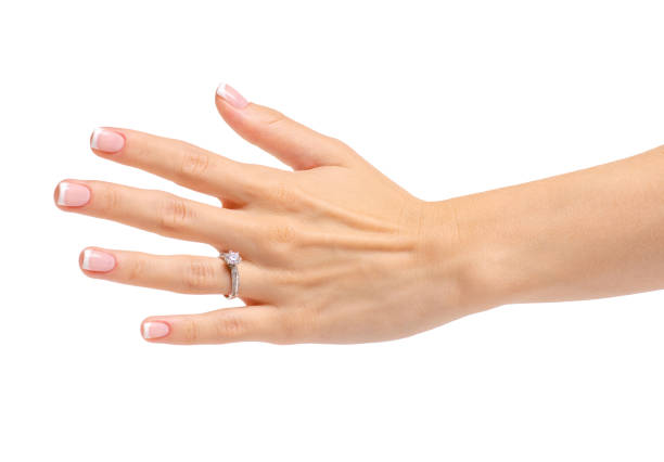 istock Female hand with a silver gold ring 991825098