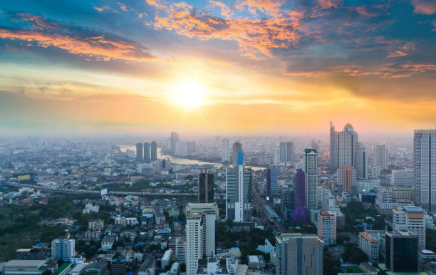 istock Panoramic view Cityscape business district from aerial view high building at dusk (Bangkok, Thailand) 991830532