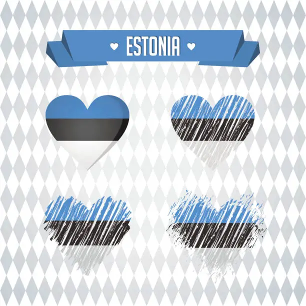 Vector illustration of Estonia Collection of four vector hearts with flag. Heart silhouette