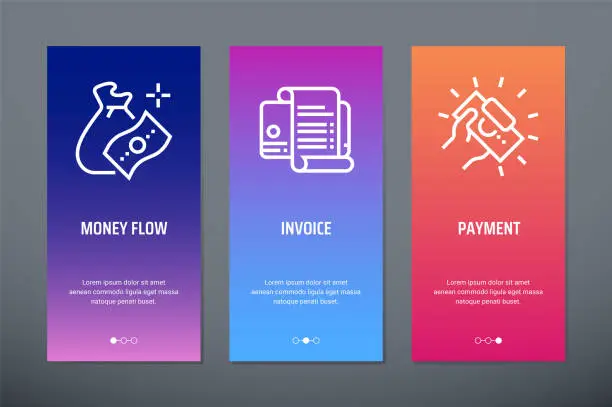 Vector illustration of Money flow, Invoice, Payment Vertical Cards with strong metaphors