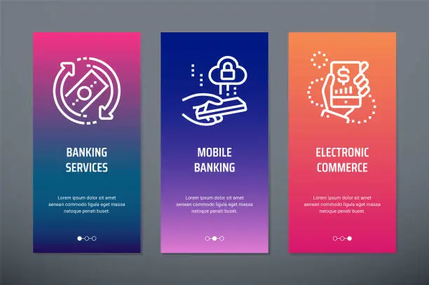 Vector illustration of Banking services, Mobile banking, Electronic commerce Vertical Cards with strong metaphors