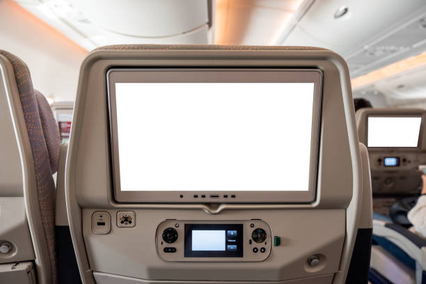 istock White display screen with joystick on rear seat in airplane 991852396