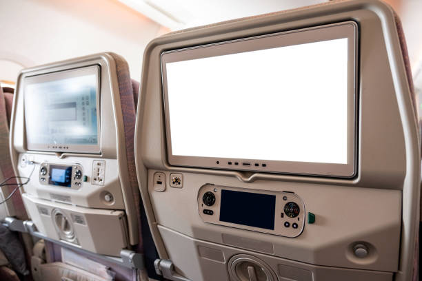 istock White display screen with joystick on rear seat in airplane 991852532