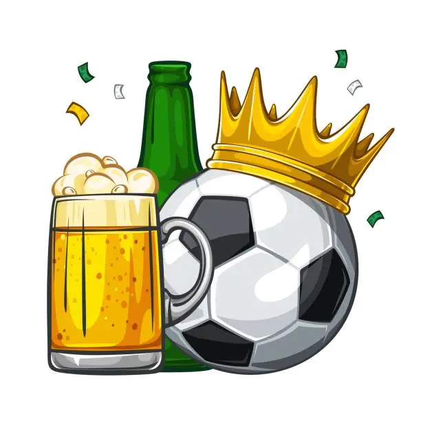 Vector illustration of Soccer ball in golden crown with glass of beer and green bottle. Football - sport game. Soccer champion 1.1