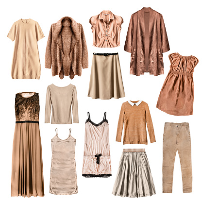 Group of beige and brown clothes isolated over white