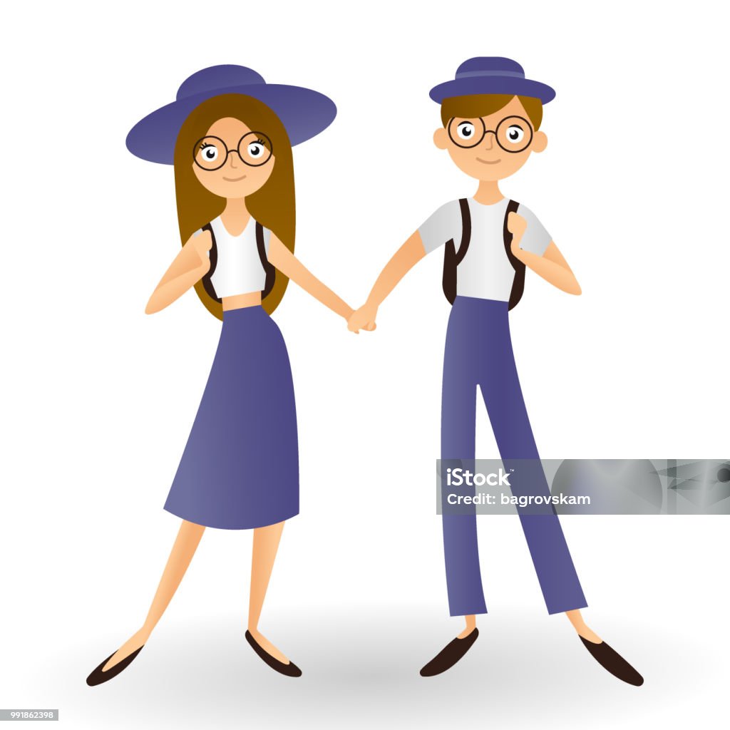 Couple holding hands vector Beautiful young stylish couple. Guy hugging a girl in a hat, laughing and talking. The concept of first love, a date, school years. School children go to school. Loving couple. Travelers. Concept, school, college, university, study, schoolgirl. Vector flat icon illustration eps10 Adult stock vector