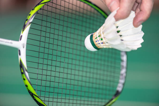 serve badminton with a shuttlecock - badminton racket isolated white imagens e fotografias de stock