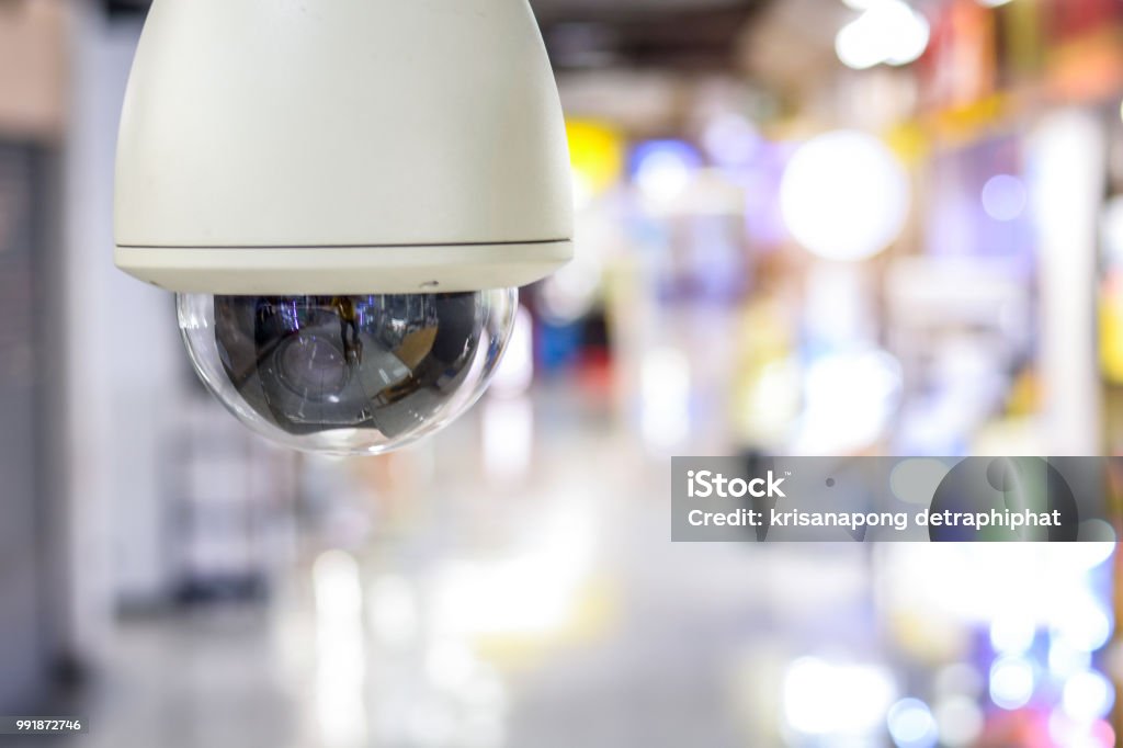 CCTV security guard in the mall building. Security Camera Stock Photo