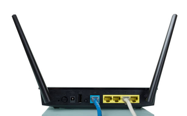istock Panel of router connected with cable, isolated on white 991873024