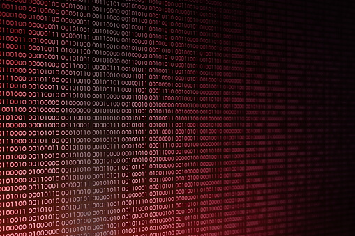 red binary code background. computer problems concept. black background. malware virus data transfer. Transferring virus data.