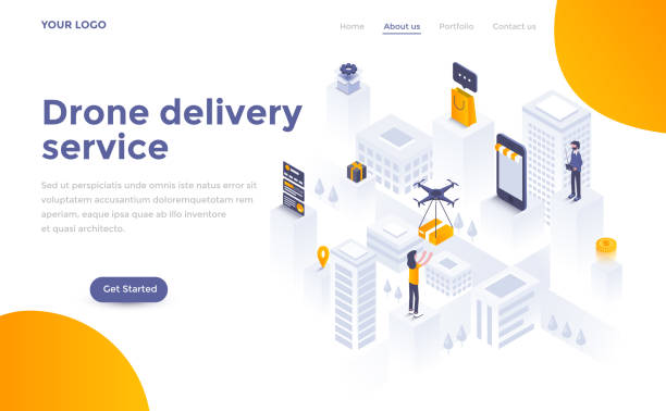 Flat color Modern Isometric Concept Illustration - Drone delivery Modern flat design isometric concept of Drone delivery service for website and mobile website. Landing page template. Easy to edit and customize. Vector illustration drone illustrations stock illustrations