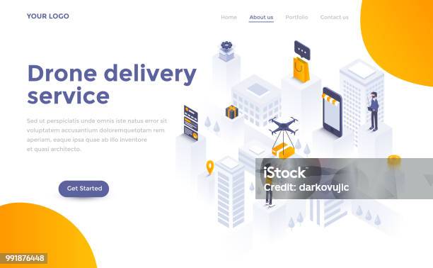 Flat Color Modern Isometric Concept Illustration Drone Delivery Stock Illustration - Download Image Now