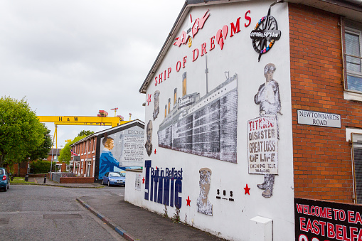 Belfast/N. Ireland - May 31, 2015: A mural to the lost Titanic adorns a residential building in East Belfast. Near where the ship was built.