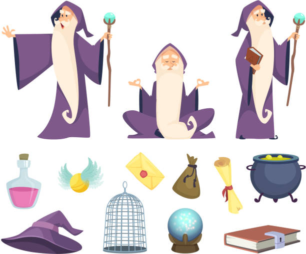 Set of magician tools and male wizard character. Vector pictures isolated on white background Set of magician tools and male wizard character. Vector pictures isolated on white background. Illustration of wizard magic, mystery character merlin the wizard stock illustrations