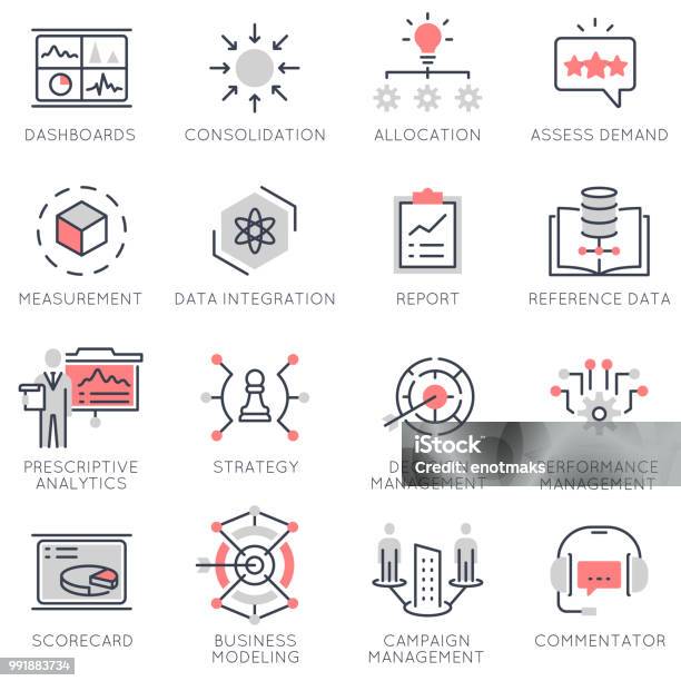 Vector Set Of Flat Linear Icons Related To Business Management Strategy Data Management Business Process Stock Illustration - Download Image Now