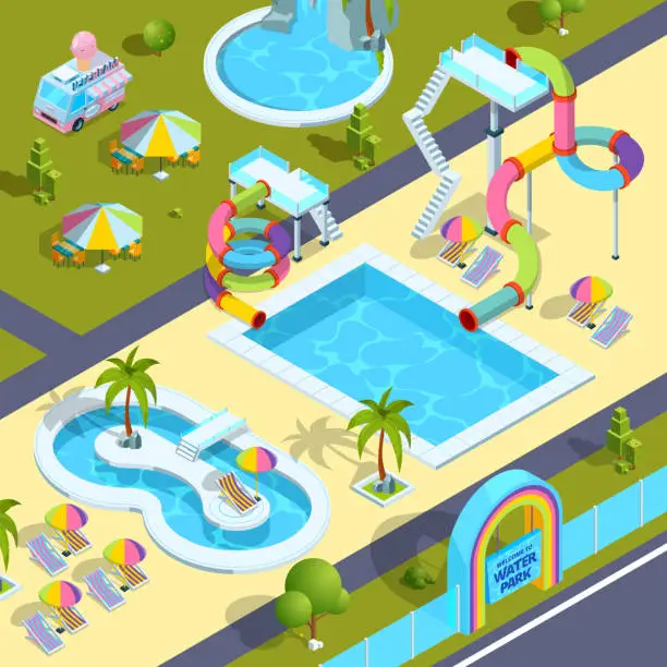 Vector illustration of Pictures of outdoor attractions in water park. Vector isometric illustrations