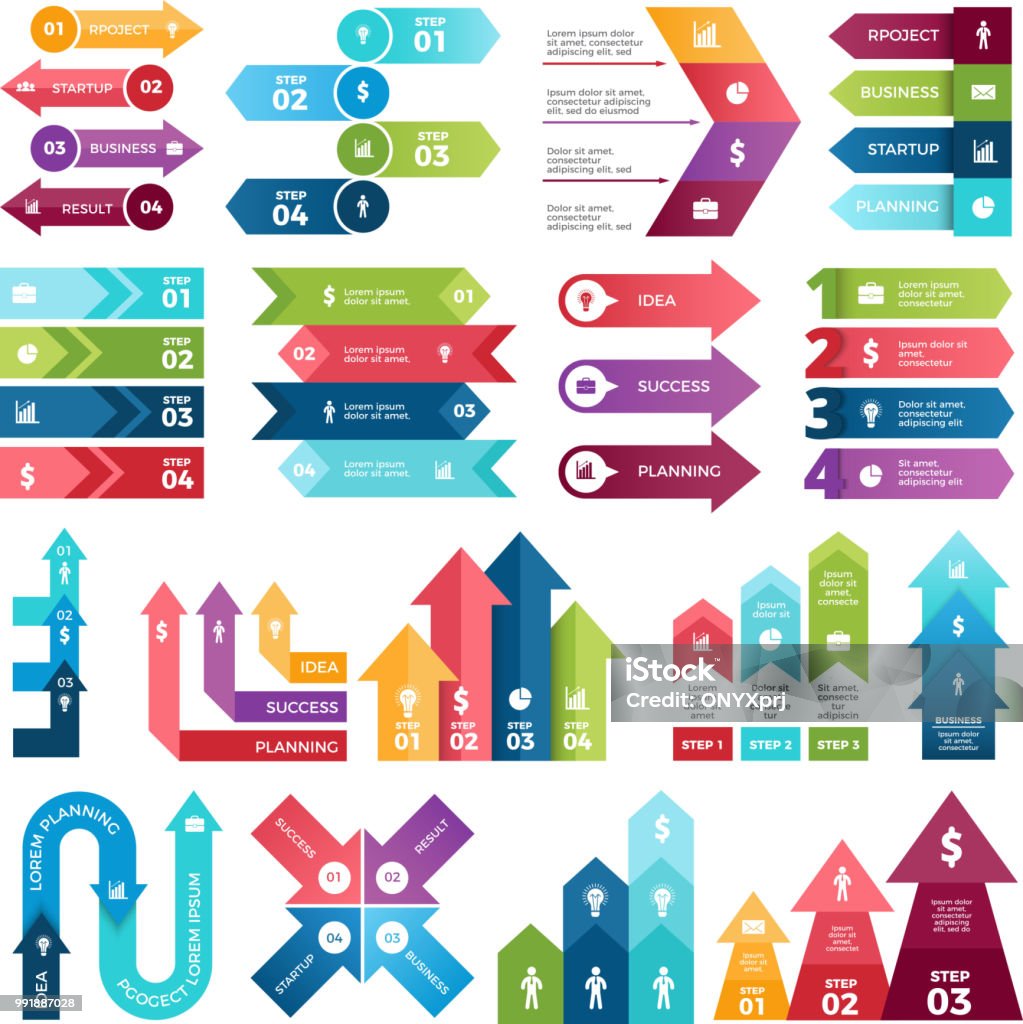 Colored arrows for design projects of infographics. Visualizations of steps. Pictures for business presentations Colored arrows for design projects of infographics. Visualizations of steps. Pictures for business presentations. Infographic arrow ribbon, organization flowchart and infograph Arrow Symbol stock vector
