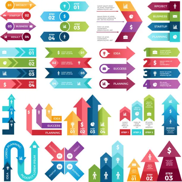 Vector illustration of Colored arrows for design projects of infographics. Visualizations of steps. Pictures for business presentations