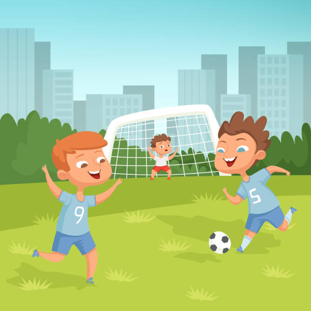 ilustraciones, imágenes clip art, dibujos animados e iconos de stock de niños jugando al fútbol al aire libre - people young adult child football