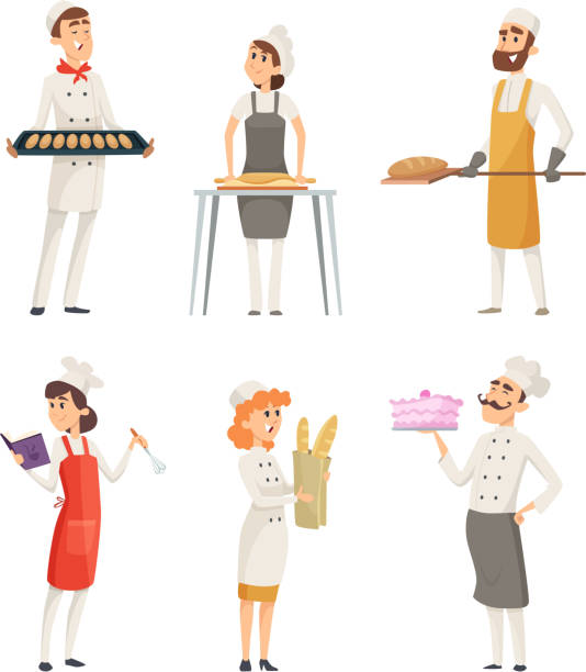 Various cartoon characters bakers at work Various cartoon characters bakers at work. Character baker with food in uniform, vector illlustration baker occupation stock illustrations