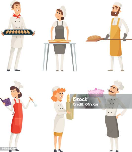 Various Cartoon Characters Bakers At Work Stock Illustration - Download Image Now - Baker - Occupation, Men, Confectioner