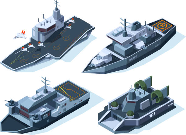 ilustraciones, imágenes clip art, dibujos animados e iconos de stock de barcos militares isométricos. marina de guerra americana vector - destroyer