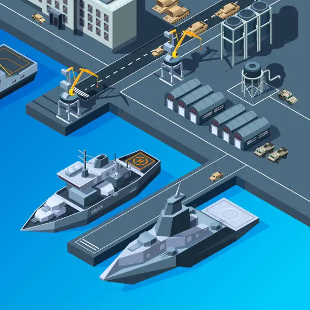 Vector illustration of Warships on the pier. American navy isometric pictures set