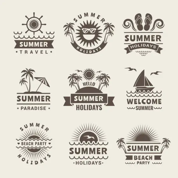Vector illustration of Summer badges. Vector monochrome labels of summer time. Tropical illustrations
