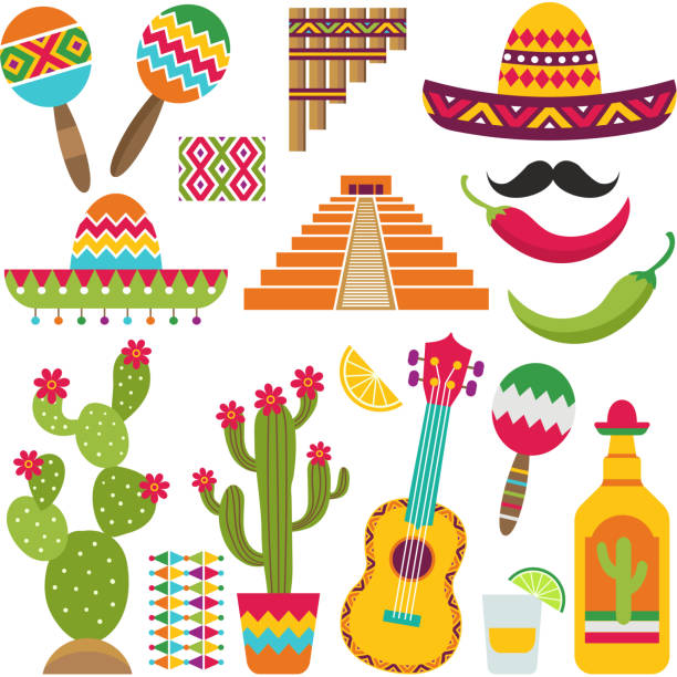 Mexican elements. Set of traditional Mexican symbols for various design projects Mexican elements. Set of traditional Mexican symbols for various design projects. Vector cactus and pyramid, pepper and tequila illustration mexico illustrations stock illustrations