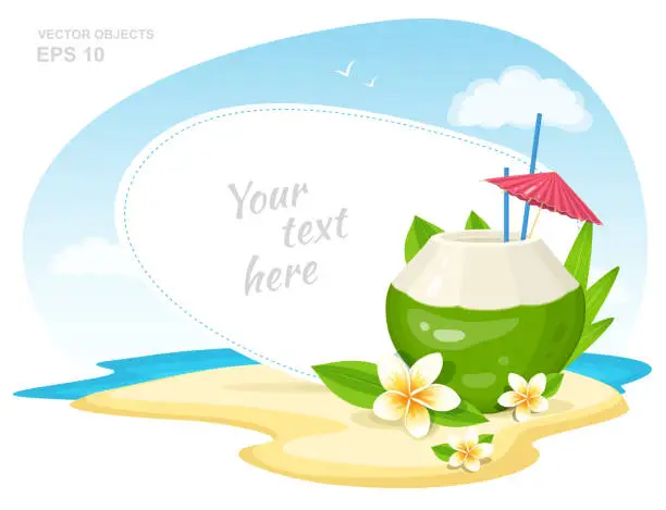Vector illustration of Fresh Coconut Cocktail with Plumeria Flowers, straws and Umbrella on the Island Beach. Summer Time Vacation Attribute. Vector Banner Design Concept with Place for Text