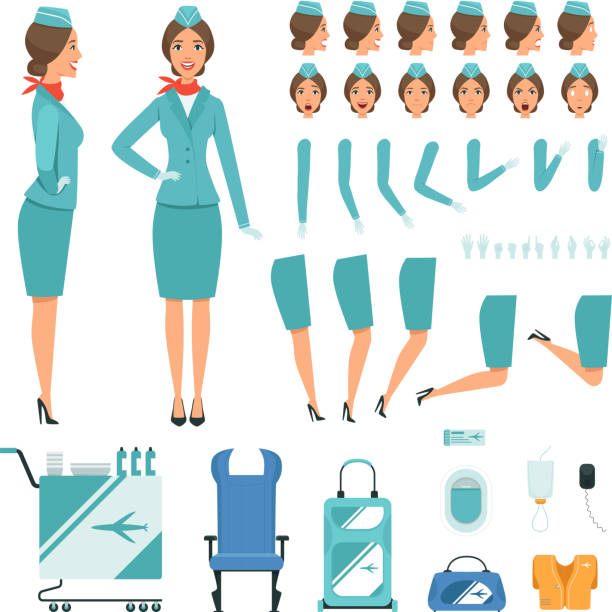 illustrazioni stock, clip art, cartoni animati e icone di tendenza di personaggi del costruttore di stewardess. kit di creazione di mascotte vettoriali - wind scarf women people