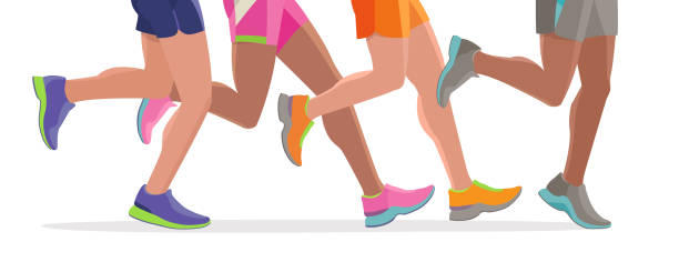 illustrazioni stock, clip art, cartoni animati e icone di tendenza di vector running feet di un'enorme maratona iniziano silhouette modello modello banner sito web - women health backgrounds people lifestyle