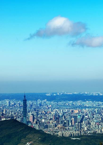 Taipei city, as seen from a 600+m peak to the east. The Taipei 101 skyscraper is much higher than nearby buildings and over twice the height of the city's second-highest building (until July 2018). On the horizon is the Taiwan Strait.
