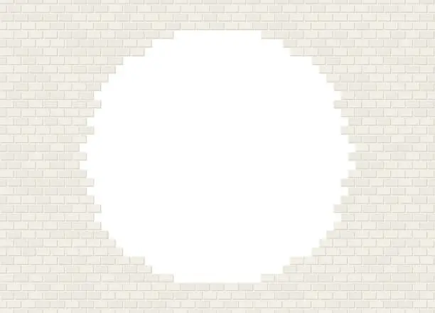 Vector illustration of Vector broken white brick wall background with big hole