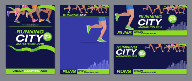 stockillustraties, clipart, cartoons en iconen met vector patroon ontwerp joggen marathon reclame banner stijl marineblauw voet lopers stad - snelwandelen