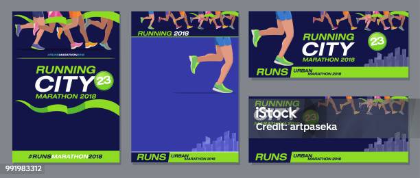 Vector Pattern Design Jogging Marathon Advertising Banner Style Navy Blue Foot Runners City Stock Illustration - Download Image Now