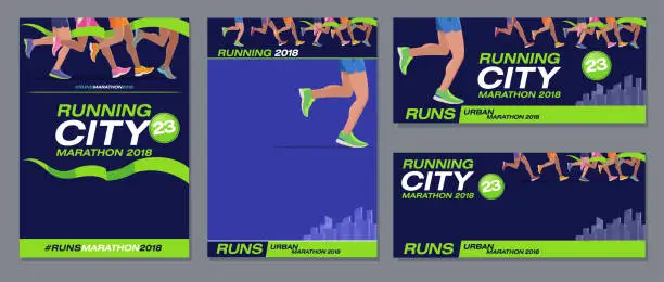 Vector illustration of Vector pattern design jogging marathon advertising banner style navy blue foot runners city