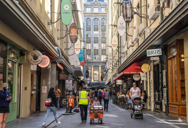 Degraves Street is a popular cafe and retail laneway between Flinders Street and Flinders Lane in Melbourne. Melbourne, Australia - 11/04/18 stock photo