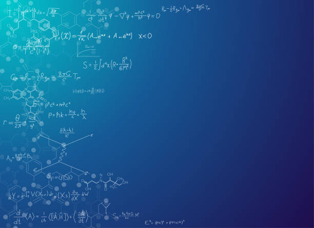 Science background with formulas Science abstract background with formulas. Real string theory and relativity physics formulas on gradient background with chemical skeletal formula of molecules. Scientific banner for text placement. chemistry stock illustrations