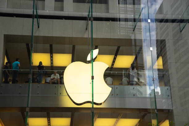 Big Apple Logo on glass wall of building at apple store on George street, the biggest store in Sydney. Australia:15/04/18 stock photo