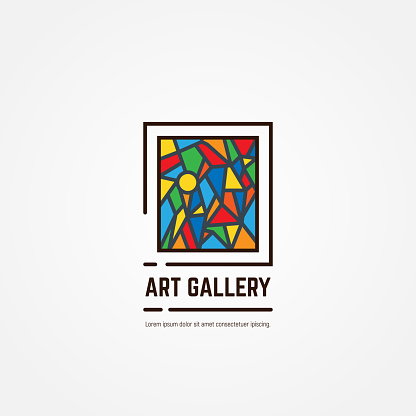 Art gallery logo. Color paintings emblem with triangles and lines. Abstract picture. Studio logotype. Museum or art gallery icon line style vector.