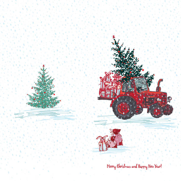 Festive New Year 2019 card. Red tractor with fir tree decorated red balls and holiday gifts White snowy seamless background Festive New Year 2019 card. Red tractor with fir tree decorated red balls and holiday gifts White snowy seamless background. Vector illustrations tractor watercolor illustration stock illustrations