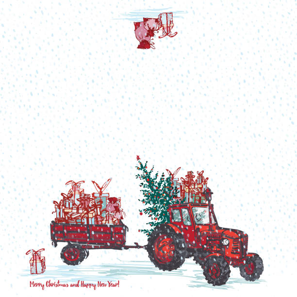 kartka świąteczna nowy rok 2019. czerwony ciągnik z jodłą ozdobione czerwone kulki i prezenty świąteczne białe śnieżne bezszwowe tło - truck grunge drawing illustration and painting stock illustrations