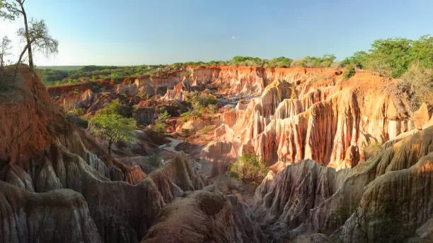 Photo of Marafa Depression (Hell's Kitchen canyon) with red cliffs and rocks in afteroon sunset light. Malindi, Kenya