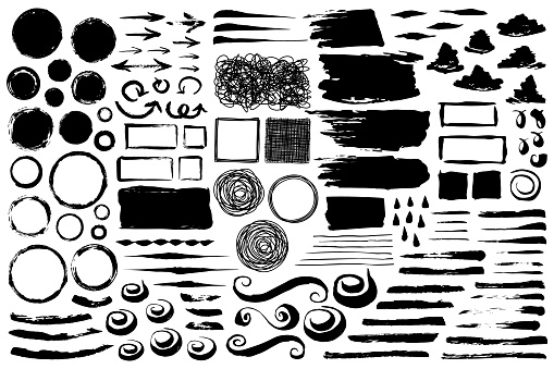 Set of abstract grungy brush strokes, swirls, circles and frames hand painted with black ink isolated on white background. Vector illustration