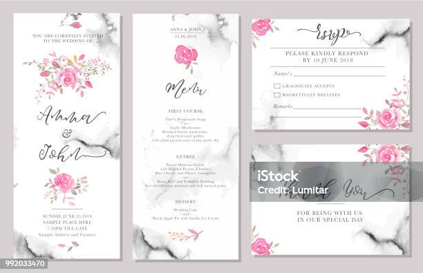 Ensemble De Modèles De Carte Invitation De Mariage Avec Des Fleurs Roses Aquarelles Vecteurs libres de droits et plus d'images vectorielles de Faire-part de mariage