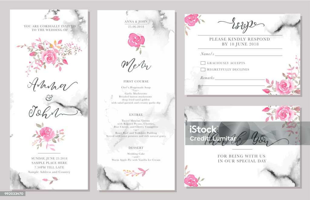 Set of wedding invitation card templates with watercolor rose flowers. Set of wedding invitation card templates with watercolor rose flowers. Elegant romantic layout with pink roses and message for wedding greeting, Save the date cards, rsvp, menu, thank you Wedding Invitation stock vector