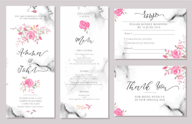 Set of wedding invitation card templates with watercolor rose flowers. Set of wedding invitation card templates with watercolor rose flowers. Elegant romantic layout with pink roses and message for wedding greeting, Save the date cards, rsvp, menu, thank you wedding invitation stock illustrations